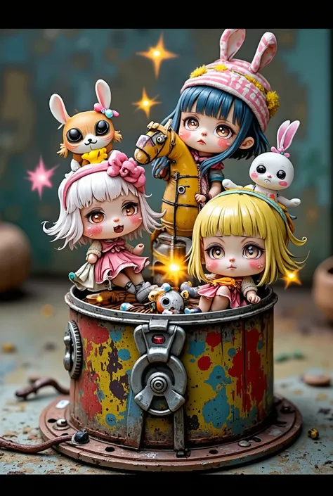 chibi anime style, super-deformed, kawaii core, cute horror, miniature abandoned amusement park, inside a rusty can, tiny chibi dolls dancing, crooked smiles, broken carousel, sad chibi plush bunny, sparking robot arm, glitching hologram, soft glowing ligh...