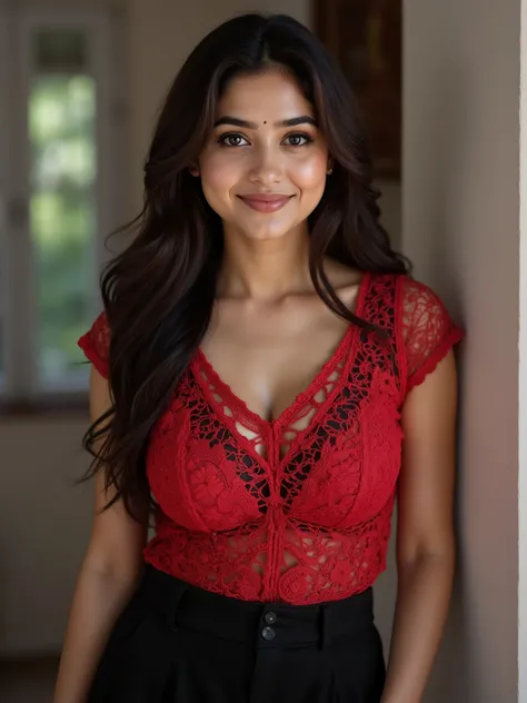 anaswarasdxl, Full body image of a 20 year old Indian girl with smiling look, fair skin tone, light grey eyes, fox eyelashes, thin eyebrows, black eye liner, silver eyeshadow, natural blush, and red lipstick. Her hairs are long, brown, wavy and stylish. Sh...
