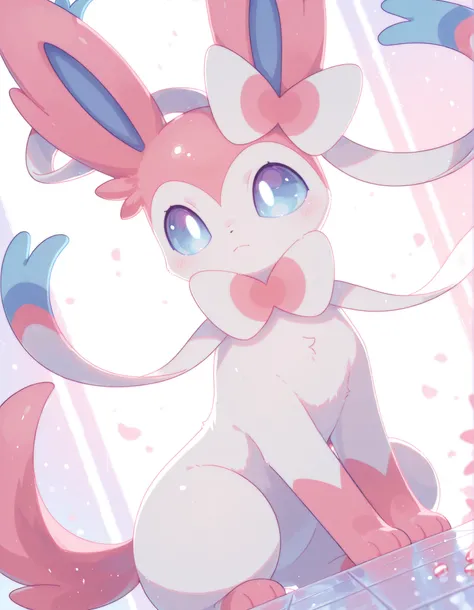 pearlykf, pokemon (creature), furry female masterpiece, highres,  best quality, highly detailed, (lineless:1.2),  BREAK 1girl, detailed face, cinematic angle, solo,  BREAK cute, adorable, feral, petite, sylveon, pastel_colors,  
