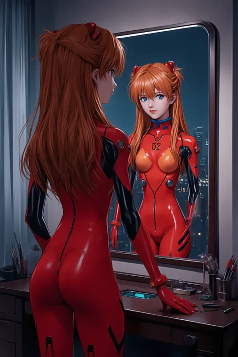 Sadamoto Yoshiyuki Style,a woman in asuka cosplay costume, she is wearing red skin tight bodysuit and plugsuit with gloves and shoes, she has long orange twintails hair with interface headset,
💋 : Asukas Flucht in die Nacht
🌟 : Ultra-realistisch, 4K, cine...
