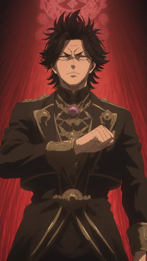 Yami Sukehiro from Black Clover wearing an elegant dark magical gala suit, adorned with subtle glowing runes on the jacket and cuffs. Tall, imposing figure, confident stance, black hair slightly messy, intense eyes. Background: luxurious ballroom with myst...