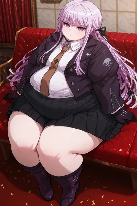 masterpiece, best quality,1girl, solo, kyouko kirigiri, long hair, bangs, ribbon, purple eyes, hair ribbon, purple hair, braid, single braid, side braid,,skirt, shirt, gloves, long sleeves, jacket, white shirt, pleated skirt, open clothes, necktie, collare...