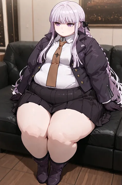 masterpiece, best quality,1girl, solo, kyouko kirigiri, long hair, bangs, ribbon, purple eyes, hair ribbon, purple hair, braid, single braid, side braid,,skirt, shirt, gloves, long sleeves, jacket, white shirt, pleated skirt, open clothes, necktie, collare...