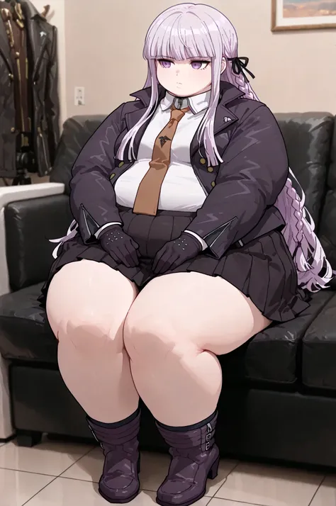 masterpiece, best quality,1girl, solo, kyouko kirigiri, long hair, bangs, ribbon, purple eyes, hair ribbon, purple hair, braid, single braid, side braid,,skirt, shirt, gloves, long sleeves, jacket, white shirt, pleated skirt, open clothes, necktie, collare...