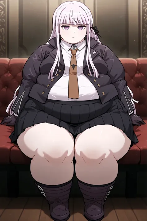 masterpiece, best quality,1girl, solo, kyouko kirigiri, long hair, bangs, ribbon, purple eyes, hair ribbon, purple hair, braid, single braid, side braid,,skirt, shirt, gloves, long sleeves, jacket, white shirt, pleated skirt, open clothes, necktie, collare...
