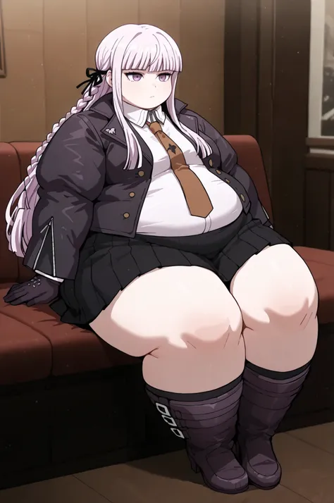 masterpiece, best quality,1girl, solo, kyouko kirigiri, long hair, bangs, ribbon, purple eyes, hair ribbon, purple hair, braid, single braid, side braid,,skirt, shirt, gloves, long sleeves, jacket, white shirt, pleated skirt, open clothes, necktie, collare...