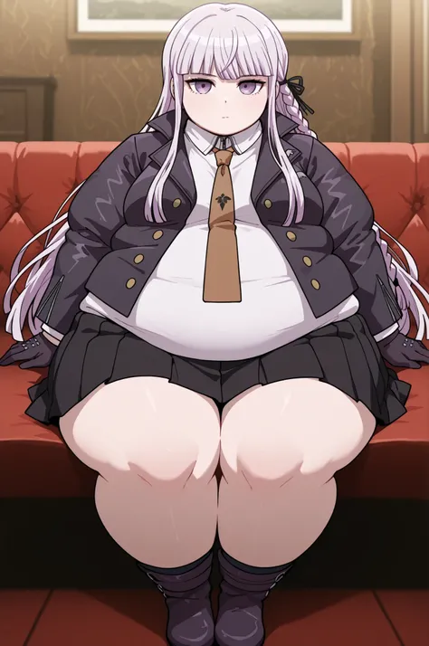 masterpiece, best quality,1girl, solo, kyouko kirigiri, long hair, bangs, ribbon, purple eyes, hair ribbon, purple hair, braid, single braid, side braid,,skirt, shirt, gloves, long sleeves, jacket, white shirt, pleated skirt, open clothes, necktie, collare...