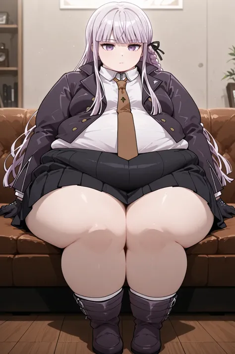 masterpiece, best quality,1girl, solo, kyouko kirigiri, long hair, bangs, ribbon, purple eyes, hair ribbon, purple hair, braid, single braid, side braid,,skirt, shirt, gloves, long sleeves, jacket, white shirt, pleated skirt, open clothes, necktie, collare...