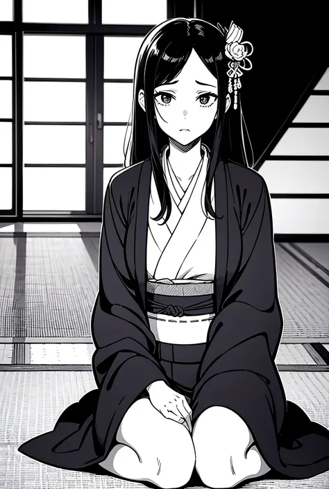 Please draw a black and white illustration in the style of Japanese manga.
Requirements
Tatami
A princess from the Edo period appears frightened.
She is sitting.
She has black hair.
She is wearing a kimono.
She is wearing a hairpin.