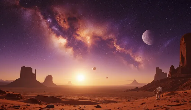 An endless alien desert on a distant planet under a vast cosmic sky with astronaut floating. The horizon glows with twin moons, while above, a nebula bursts in hues of violet, gold, and crimson. Strange crystalline formations rise from the sands like ancie...