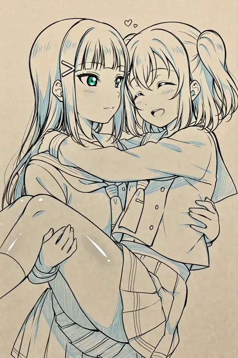 ,Love live, love live official artwork,shiny skin, sheer fabrics, Kurosawa dia, Kurosawa ruby, school uniform,yuri,princess carry,  upper body ,hug, midriff peek 