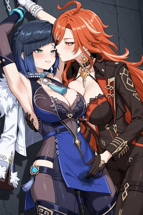 score_9, score_8_up, masterpiece, best quality, BREAK, 

2girls, yuri, tsurime, (mature:0.5), BREAK, 

Mavuika \Genshin Impact\), huge breasts, very long hair, orange eyes, sun-shaped pupils, orange hair, streaked hair, ahoge, choker, jewelry, black jacket...