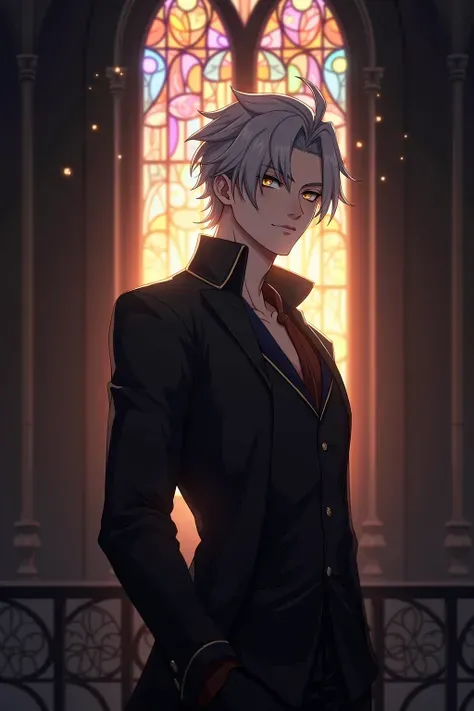 alhaitham (Genshin), 1 male, (Solo:1.4), greyt hair, Standing in front of a stained glass window, dramatic sunset lights