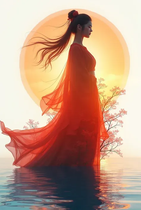 High quality，8K Ultra HD，美丽的Doubleexposure，combines the silhouette of the goddess with the sunset coast，The sunset coast should be used as the bottom background，details are incorporated into the goddess's silhouette，Clear lines，The background is monochroma...