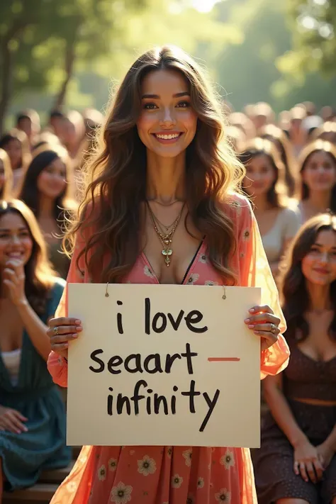 a beautiful girl with long wavy hair，wearing a bohemian dress，holding a white board with the words “I Love SeaArt Infinity” written on it，Also show the audience