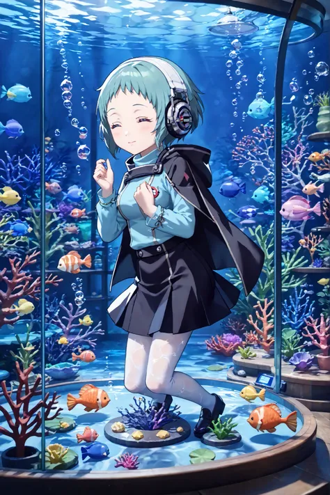 (language: Japanese、English)、(masterpiece)、(Highest Quality)、(High Score )、(high resolution)、

(is struck by near-future,1girl,solo,Uncensored,),

((chibi,chibi style),,,(Near-future sci-fi)、(Fantasy work), (Magic)、(Aquarium ,She is inside the water,Bubble...