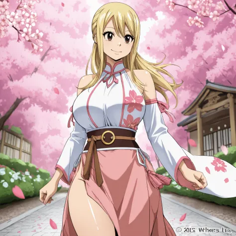 Lucy Heartfilia, 20, cheerful and energetic, with long, loose hair, a smooth and shiny blonde color. Beautiful bright brown eyes . curvy figure medium to large breasts, , she wears priestess attire white on the top and red on the bottom with a belt with ...