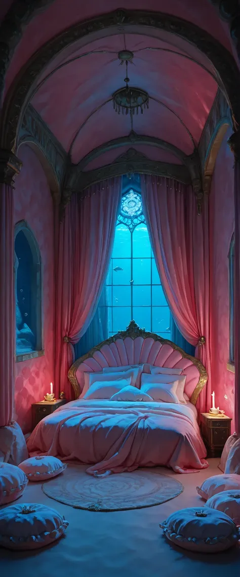 masterpiece,best quality,ultra high res,photorealistic,8K UHD,hyper-detailed, newest, bedroom of the M3rm41d v2, big pillows, dark room, beautiful and aesthetic,deep shadow, fantasy theme, divine, royal bedroom, indoors, luxurious, canopy bed, full of curt...