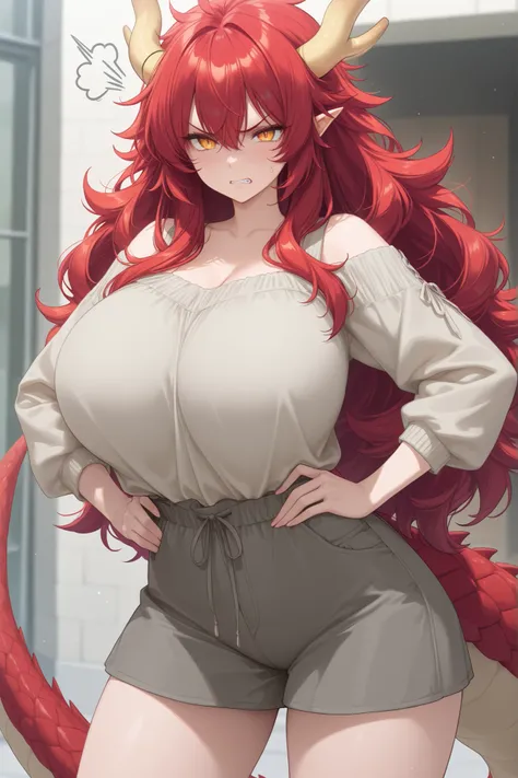 1 girl, long hair, fluffy hair, red hair, giant breasts, pointy ears, horns, dragon tail, thick tail, casual clothes, angry, tail up, tail grabbed