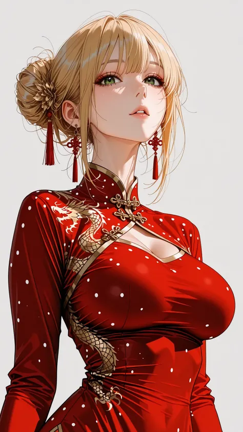 the golden ratio, proper composition,Beautiful illustration, (masterpiece, detailed:1.2), Maorix,score_9, score_8_above, score_7_above, score_6_above, score_5_above, 1girl, huge boobs,  Chinese red dress with dragon print,  five anatomically correct finger...