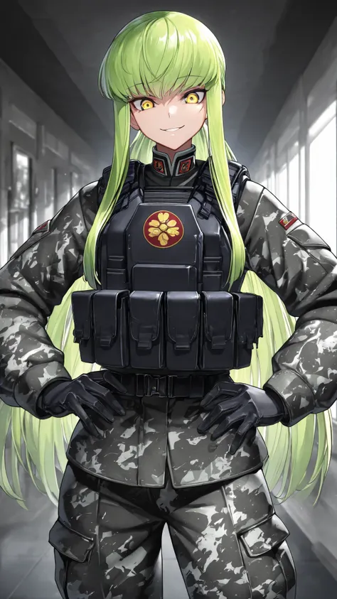 absurdres, (((Ultra HD))), (((Ultra High Quality))), ((hyper detailed)), ((Ultra High Resolution)), (Highly rendered), ((detailed eyes)), (((8K))), ((perfect face)), ((masterpiece)), cinematic, solo, 1girl, smile, hallway background, 1girl,green hair,yello...