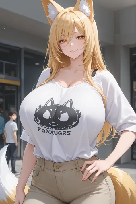 1 girl, long hair, blonde hair, giant breasts, Fox tail, fox ears, casual clothes, tshirt, pants, smiling
