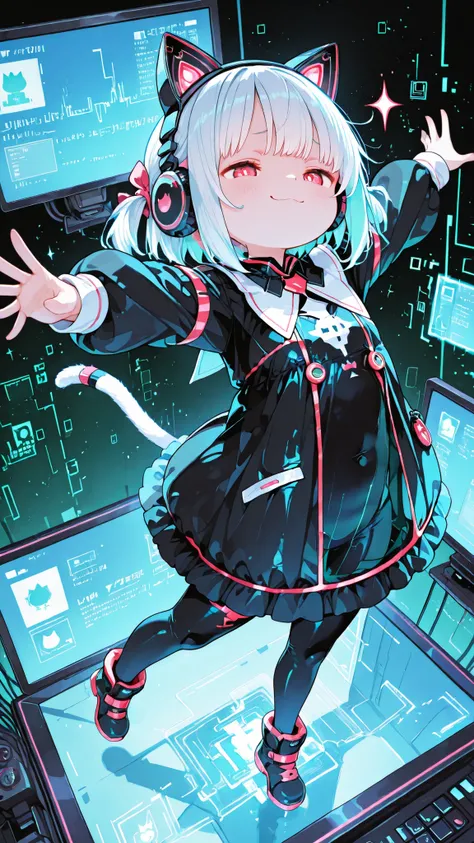 748cmstyle,Little girl,bodysuit,Cat Ear Headphones,Cyber,Inside a spherical monitor,hologram,Touch Screen,touch the screen,hacker,hacked,Zero gravity,smug,Inner Dress,Dance,outstretched arms