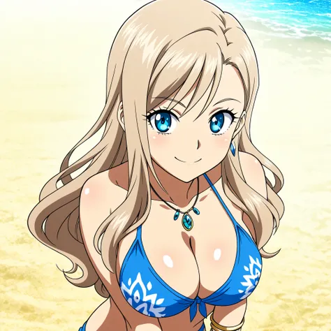 Rebecca Blue Garden, 19, cheerful and energetic, with long, loose silver hair. beautiful bright blue eyes . slender figure and generous breasts. She wears a blue bikini with detailed jaguar print and wears bracelets and a small necklace. she walks along a...