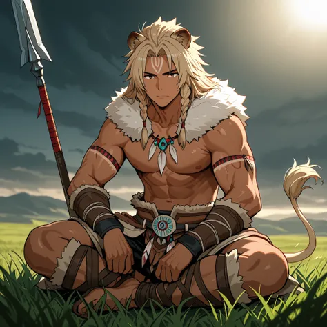 "A young man warrior Dothraki man with semihuman features anime-style ears and lion's tail, 19 years old, athletic body lenses , tanned skin, long, voluminous and sand-blond disheveled hair braided with beads and leather strips. Native American style cloth...