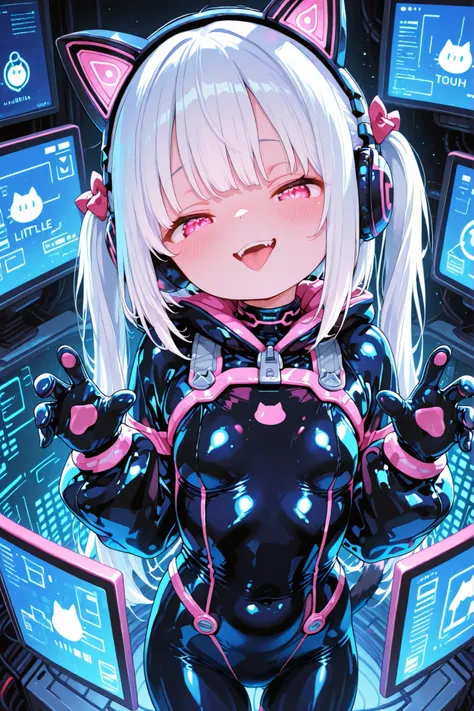 748cmstyle,Little girl,Hair fluttering,bodysuit,rubber suit,Cat Ear Headphones,Cyber,spherical screen,Touch Screen,naughty face