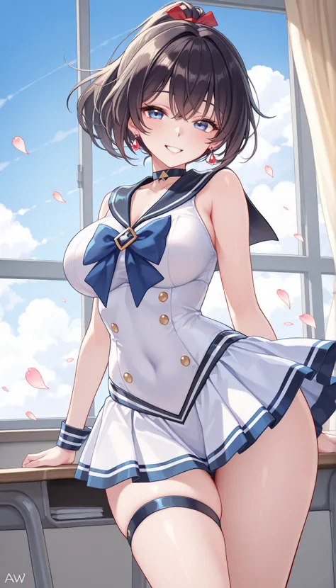 (beautiful girl : 1.3),1 girl,(ARW),(summer sailor suit,between products,earrings),Dark Haired,ponytail from the front,Smile Yang,CLASSROOM,Blue Sky,cloud,curtain swaying in the wind,Flapping Petals,Inner Dress,masterpiece,Highest Quality,rich contrast,hig...