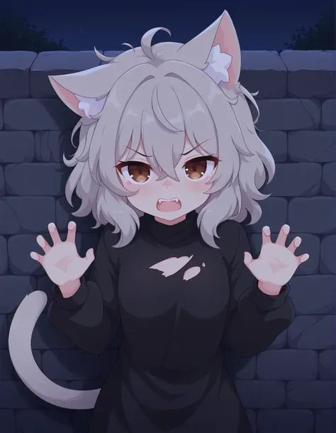 pearlykf,, 1girl, petite, (skinny and frail:0.7), cat girl, against wall, stone wall, brown eyes,looking at viewer, grey hair, medium hair, messy hair, angry, (scared:0.4), (open mouth:0.5), fangs, hands up, (tearing up:0.5), tail raised, torn clothes, str...