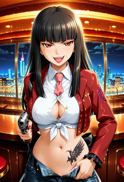 , fisheye, looking at viewer, 1girl, solo, lucifer, stakes of purgatory, long hair, black hair, bangs, blunt bangs, red eyes, pink necktie, white shirt, collared shirt, red jacket, long sleeves, frilled sleeves,, nail polish , , makeup , ear piercing , lon...