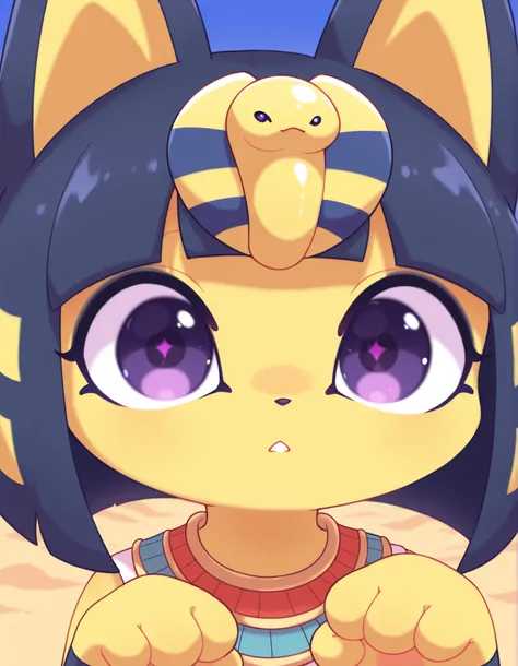 pearlykf, pokemon (creature),, depth of field, 1girl, furry, ankha \(animal crossing\), expressionless, eye reflection, yellow background, yellow theme, blue background, desert,, purple eyes, glowing eyes, wide-eyed, paw pose, looking at viewer, close-up, ...