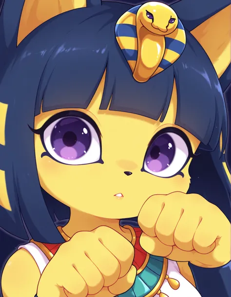 pearlykf,, depth of field, 1girl, furry, ankha \(animal crossing\), expressionless, eye reflection, yellow background, yellow theme, blue background, desert,, purple eyes, glowing eyes, wide-eyed, paw pose, looking at viewer, close-up, parted lips,