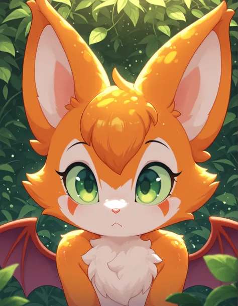 pearlykf,, masterpiece, best quality, very aesthetic, (1girl:0.7),, (solo:1.3), furry, fidget \(elysian tail\), nimbat, fidget_daet, anthro, furry female, wings, tail, green eyes, colored sclera, bat wings, facial markings, orange fur, white fur, two-tone ...