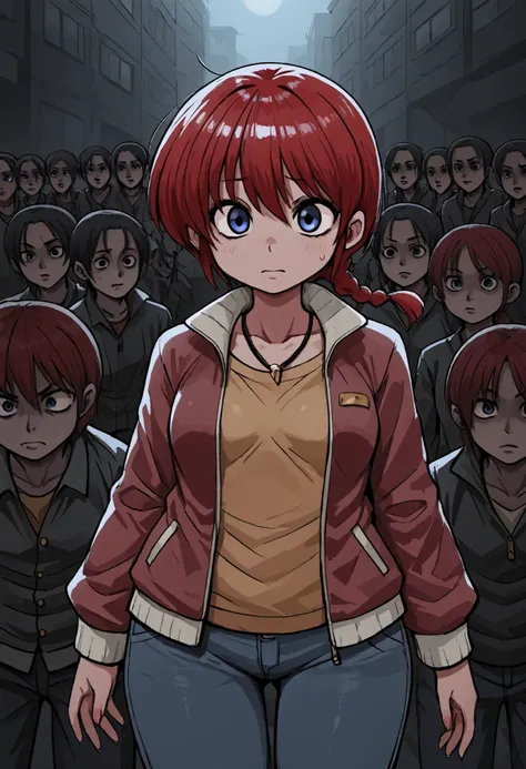 Ranma Saotome. red hair. blue eyes. braid. small breasts. wide hips. necklace. black eyeliner. pink manicure. | At night, spooky, dark street, wary 1girl, jacket, shirt, jeans, Exp_real, worried, dissheveled, a crowd of dark silhouettes in distance, left ...