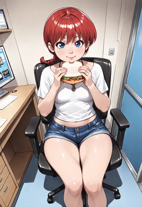 Ranma Saotome. red hair. blue eyes. braid. small breasts. wide hips. necklace. black eyeliner. pink manicure. | masterpiece, high quality, (black outline,cartoon style,black lineart, realistic:1.2), (fbhckrgal:0.7) Smile,bedroom eyes, (shorts,jeans shorts)...