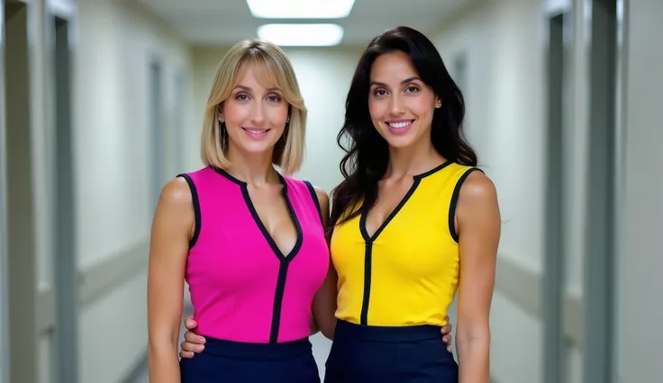 Two 27-year-old women, wearing tight-fitting blouses—a vibrant pink and yellow sleeveless top with black trim—and dark blue office skirts, smile at the camera in an office hallway. Cleavage, large breasts, and beautiful. One with short, shoulder-length str...