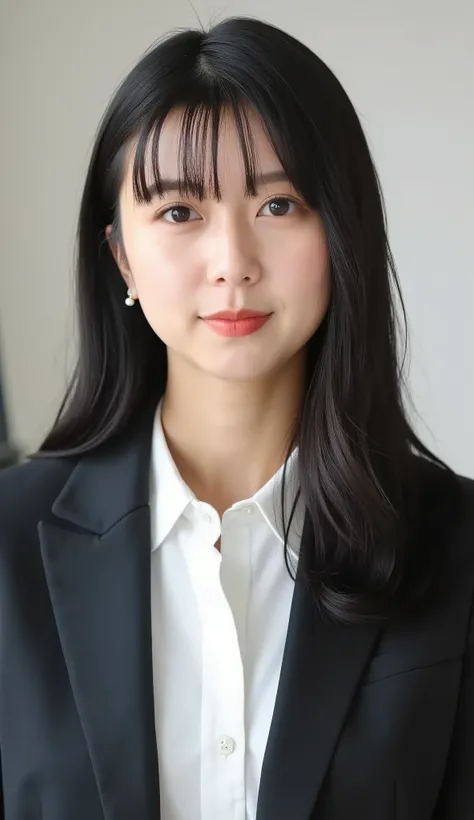 Neat Young Woman、looking at the camera、office lady suit、jacket、shirt、耳にピアス、、無表情、、face close-up、The background is office
