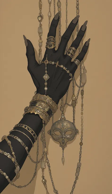 create a、to convey a sense of luxury and artistry、高度にMr.式化された印象的なイラスト. Hands are dark、evoke, simple ones; others extend. on the wrists and forearms、Gold and black bracelets and bangles wrapped in countless numbers, upward、複雑な模Mr.が施されているものもある. Mr.々Long pear...