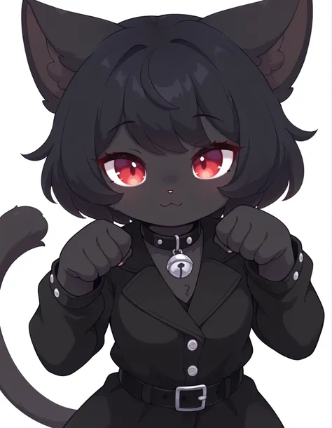 pearlykf,, masterpiece, best quality, very aesthetic, 1girl, solo, white background, looking at viewer, portrait, paw pose, :3, furry female, cat girl, animal ears, black hair, short hair, black skin, red eyes, cat tail, black jacket, buttons, long sleeves...