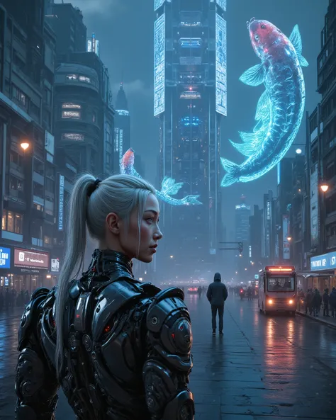 Cyberpunk Neo-Tokyo skyline, masterpiece, ultra-detailed, cinematic, 8k. Glass AI tower, glowing holographic koi swimming in air, security drones, laser grids. Outlaw crew mid-heist, silver-haired android infiltrator, sleek futuristic suit, neon glow. Dist...