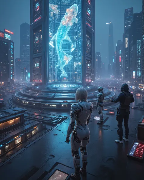 Cyberpunk Neo-Tokyo skyline, masterpiece, ultra-detailed, cinematic, 8k. Glass AI tower, glowing holographic koi swimming in air, security drones, laser grids. Outlaw crew mid-heist, silver-haired android infiltrator, sleek futuristic suit, neon glow. Dist...