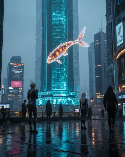 Cyberpunk Neo-Tokyo skyline, masterpiece, ultra-detailed, cinematic, 8k. Glass AI tower, glowing holographic koi swimming in air, security drones, laser grids. Outlaw crew mid-heist, silver-haired android infiltrator, sleek futuristic suit, neon glow. Dist...