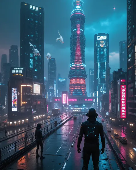 Cyberpunk Neo-Tokyo skyline, masterpiece, ultra-detailed, cinematic, 8k. Glass AI tower, glowing holographic koi swimming in air, security drones, laser grids. Outlaw crew mid-heist, silver-haired android infiltrator, sleek futuristic suit, neon glow. Dist...
