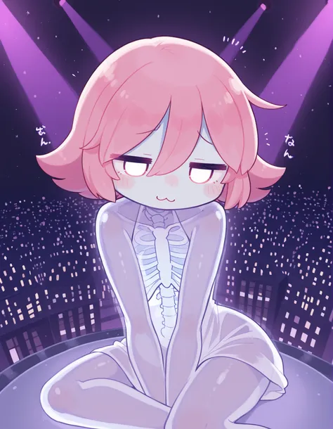 pearlykf,, 1girl, (monster girl, ghost girl), (see-through body, ghost body, ghost skin, transparent skin, transparent body:1.2), (purple skin, glowing, no pupils), transparent clothes, skeleton, bone, ribs, spine, pink hair, very short hair, hair between ...