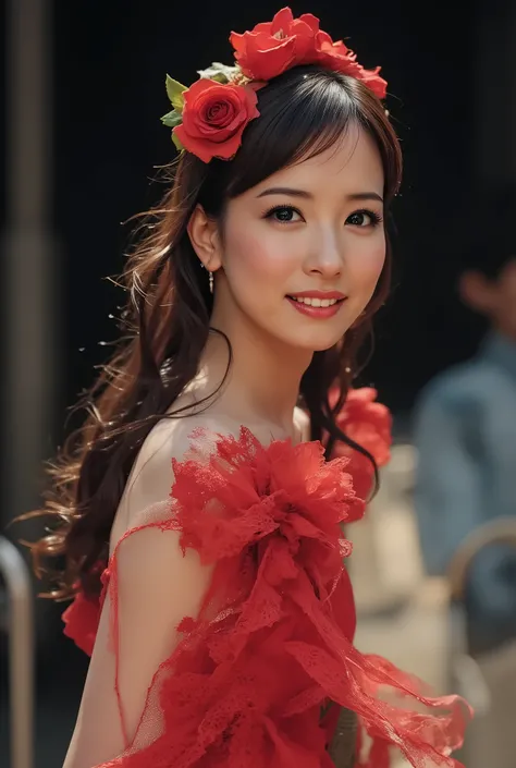 Woman showing off flamenco、Petite Woman、 slender body、super detailed face、Beautifully groomed eyebrows 、beautiful drooling、incredibly elaborate eyes、Big Curled Lashes、Beautiful tall nose、Sexy Thick Lips、  long brown hair、Wet white skin、(((small breasts、、、t...