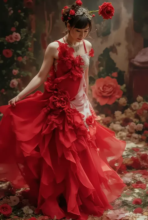 Woman showing off flamenco、Petite Woman、 slender body、super detailed face、Beautifully groomed eyebrows 、beautiful drooling、incredibly elaborate eyes、Big Curled Lashes、Beautiful tall nose、Sexy Thick Lips、  long brown hair、Wet white skin、(((small breasts、、、t...