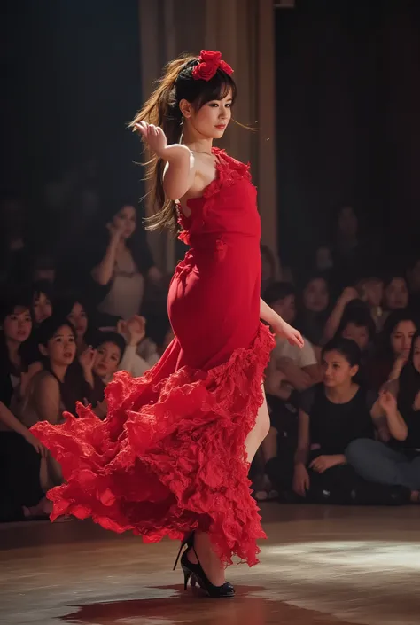 Woman showing off flamenco、Petite Woman、 slender body、super detailed face、Beautifully groomed eyebrows 、beautiful drooling、incredibly elaborate eyes、Big Curled Lashes、Beautiful tall nose、Sexy Thick Lips、  long brown hair、Wet white skin、(((small breasts、、、t...